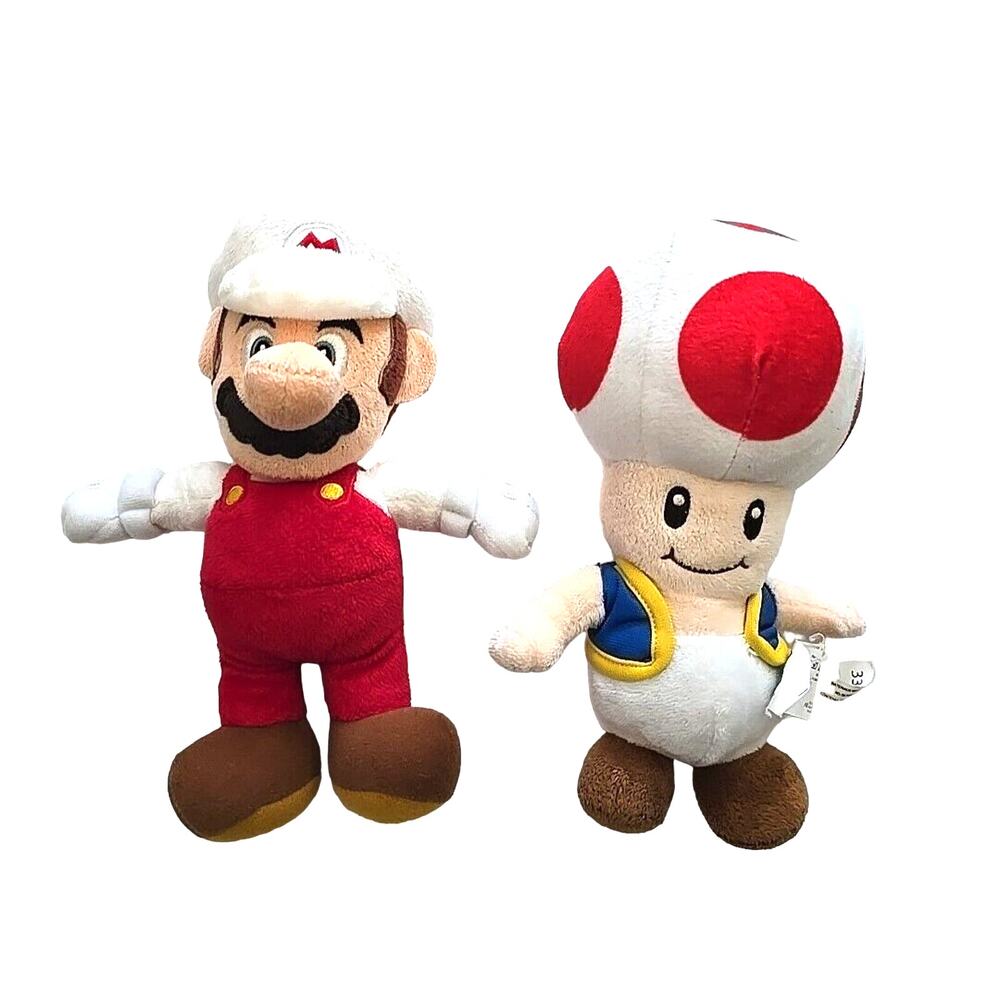Lot of 2 Nintendo Super Fire Mario & Toad Mushroom Cuddly Plush Stuffed Toy 10"